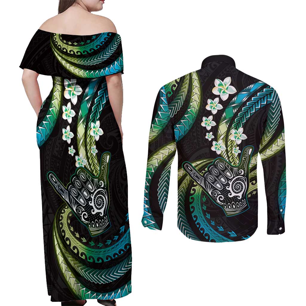 Hawaii Shaka Sign Couples Matching Off Shoulder Maxi Dress and Long Sleeve Button Shirt Fantastic Frangipani Chartreuse Cyan LT01 - Polynesian Pride