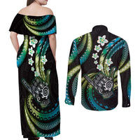 Hawaii Shaka Sign Couples Matching Off Shoulder Maxi Dress and Long Sleeve Button Shirt Fantastic Frangipani Chartreuse Cyan LT01 - Polynesian Pride