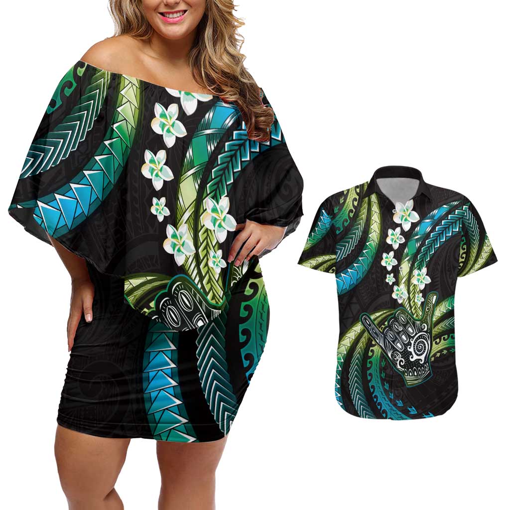 Hawaii Shaka Sign Couples Matching Off Shoulder Short Dress and Hawaiian Shirt Fantastic Frangipani Chartreuse Cyan LT01 Cyan - Polynesian Pride