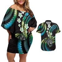 Hawaii Shaka Sign Couples Matching Off Shoulder Short Dress and Hawaiian Shirt Fantastic Frangipani Chartreuse Cyan LT01 Cyan - Polynesian Pride