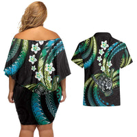Hawaii Shaka Sign Couples Matching Off Shoulder Short Dress and Hawaiian Shirt Fantastic Frangipani Chartreuse Cyan LT01 - Polynesian Pride