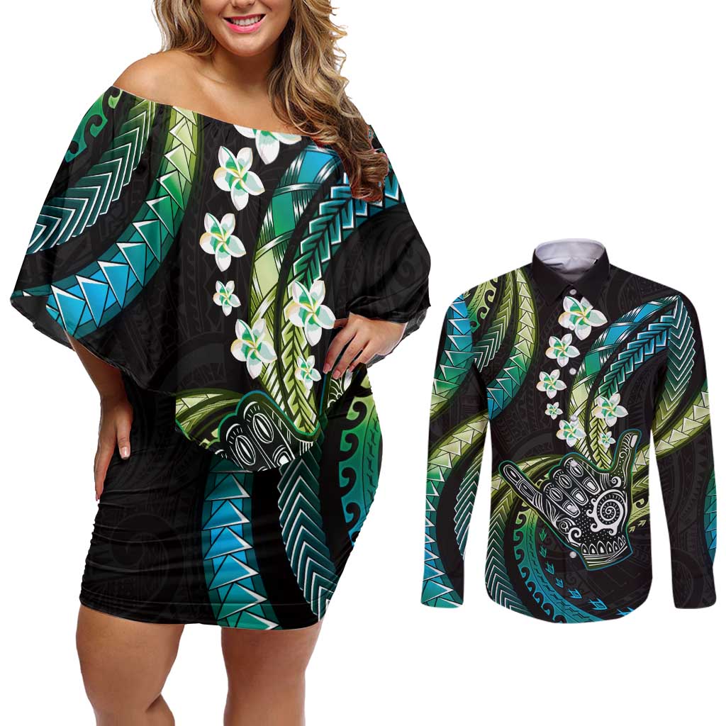 Hawaii Shaka Sign Couples Matching Off Shoulder Short Dress and Long Sleeve Button Shirt Fantastic Frangipani Chartreuse Cyan
