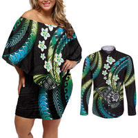 Hawaii Shaka Sign Couples Matching Off Shoulder Short Dress and Long Sleeve Button Shirt Fantastic Frangipani Chartreuse Cyan LT01 Cyan - Polynesian Pride
