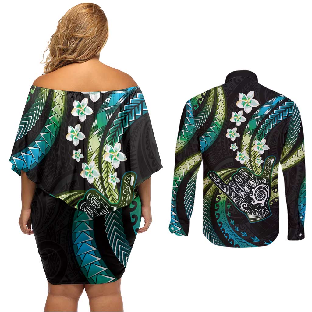 Hawaii Shaka Sign Couples Matching Off Shoulder Short Dress and Long Sleeve Button Shirt Fantastic Frangipani Chartreuse Cyan LT01 - Polynesian Pride