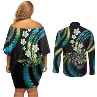 Hawaii Shaka Sign Couples Matching Off Shoulder Short Dress and Long Sleeve Button Shirt Fantastic Frangipani Chartreuse Cyan LT01 - Polynesian Pride