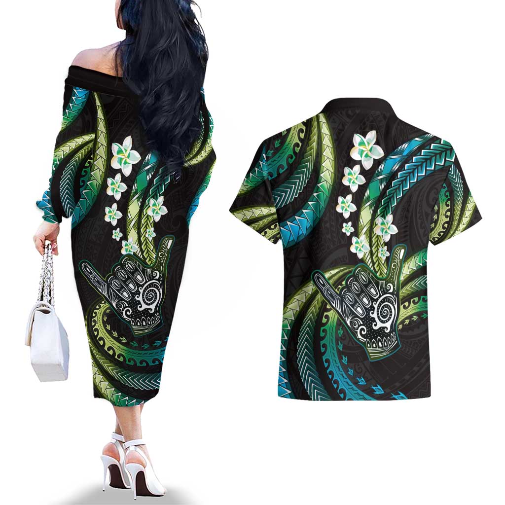Hawaii Shaka Sign Couples Matching Off The Shoulder Long Sleeve Dress and Hawaiian Shirt Fantastic Frangipani Chartreuse Cyan LT01 - Polynesian Pride