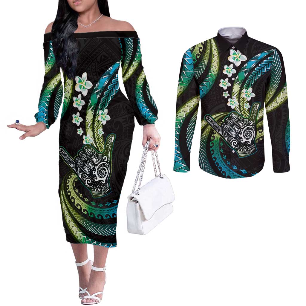 Hawaii Shaka Sign Couples Matching Off The Shoulder Long Sleeve Dress and Long Sleeve Button Shirt Fantastic Frangipani Chartreuse Cyan LT01 Cyan - Polynesian Pride