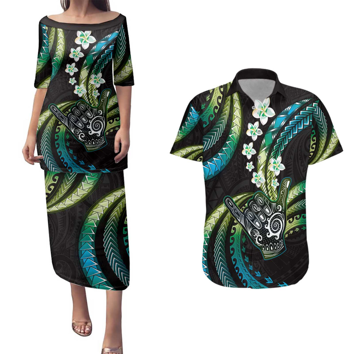 Hawaii Shaka Sign Couples Matching Puletasi and Hawaiian Shirt Fantastic Frangipani Chartreuse Cyan LT01 Cyan - Polynesian Pride