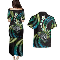 Hawaii Shaka Sign Couples Matching Puletasi and Hawaiian Shirt Fantastic Frangipani Chartreuse Cyan LT01 - Polynesian Pride