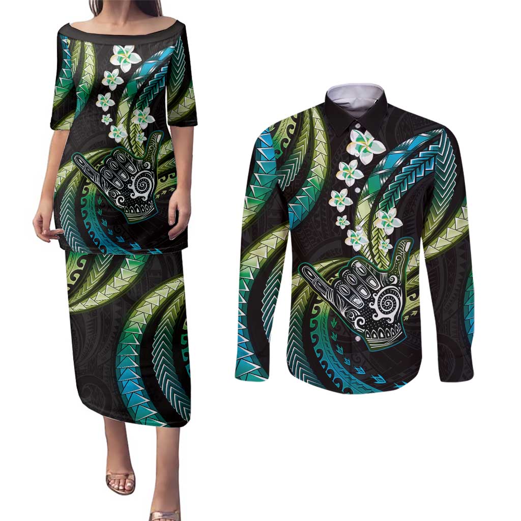 Hawaii Shaka Sign Couples Matching Puletasi and Long Sleeve Button Shirt Fantastic Frangipani Chartreuse Cyan