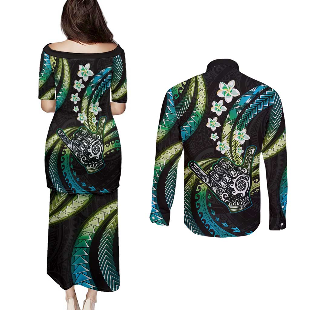 Hawaii Shaka Sign Couples Matching Puletasi and Long Sleeve Button Shirt Fantastic Frangipani Chartreuse Cyan