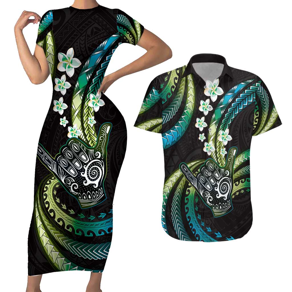 Hawaii Shaka Sign Couples Matching Short Sleeve Bodycon Dress and Hawaiian Shirt Fantastic Frangipani Chartreuse Cyan LT01 Cyan - Polynesian Pride