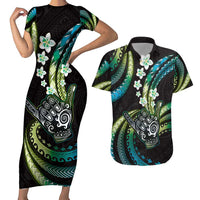 Hawaii Shaka Sign Couples Matching Short Sleeve Bodycon Dress and Hawaiian Shirt Fantastic Frangipani Chartreuse Cyan LT01 Cyan - Polynesian Pride