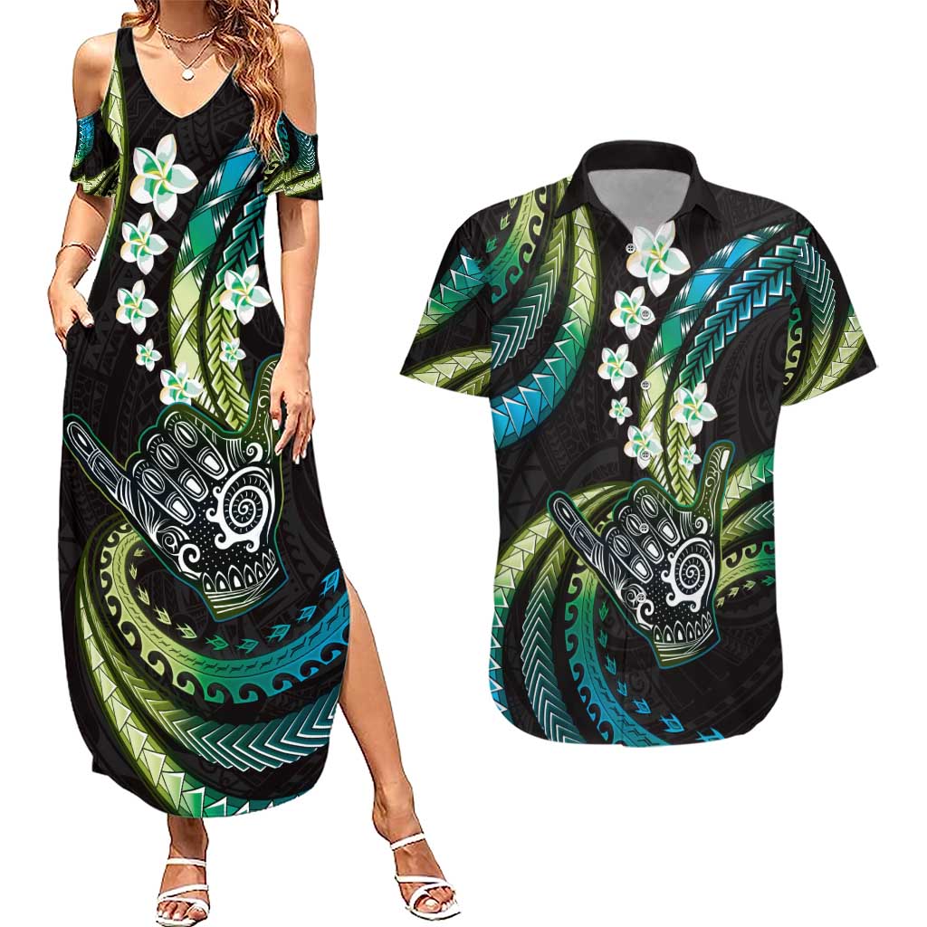 Hawaii Shaka Sign Couples Matching Summer Maxi Dress and Hawaiian Shirt Fantastic Frangipani Chartreuse Cyan