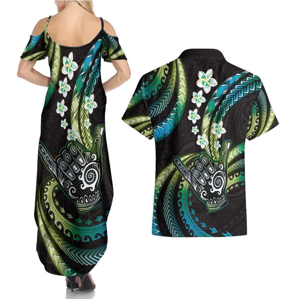 Hawaii Shaka Sign Couples Matching Summer Maxi Dress and Hawaiian Shirt Fantastic Frangipani Chartreuse Cyan LT01 - Polynesian Pride