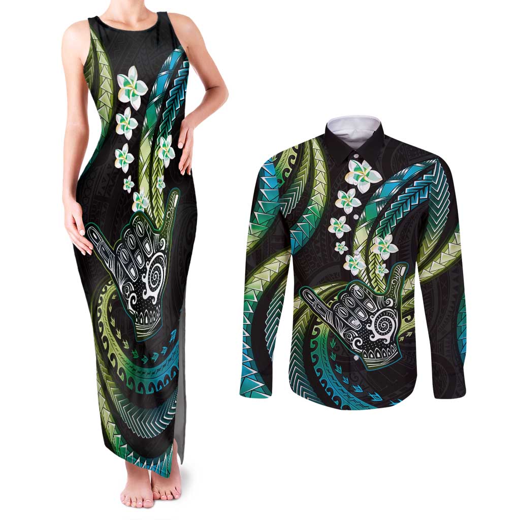 Hawaii Shaka Sign Couples Matching Tank Maxi Dress and Long Sleeve Button Shirt Fantastic Frangipani Chartreuse Cyan