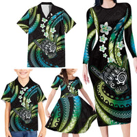Hawaii Shaka Sign Family Matching Long Sleeve Bodycon Dress and Hawaiian Shirt Fantastic Frangipani Chartreuse Cyan