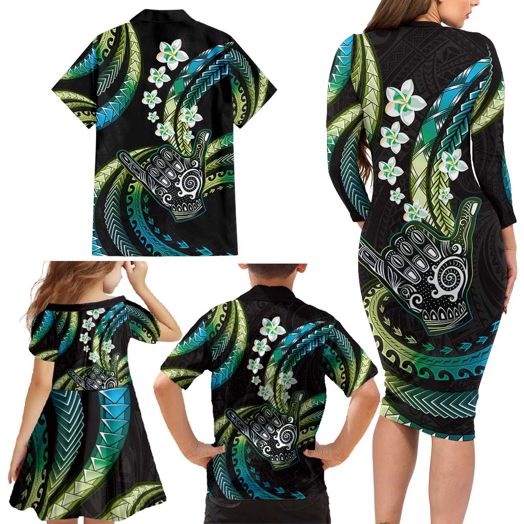 Hawaii Shaka Sign Family Matching Long Sleeve Bodycon Dress and Hawaiian Shirt Fantastic Frangipani Chartreuse Cyan