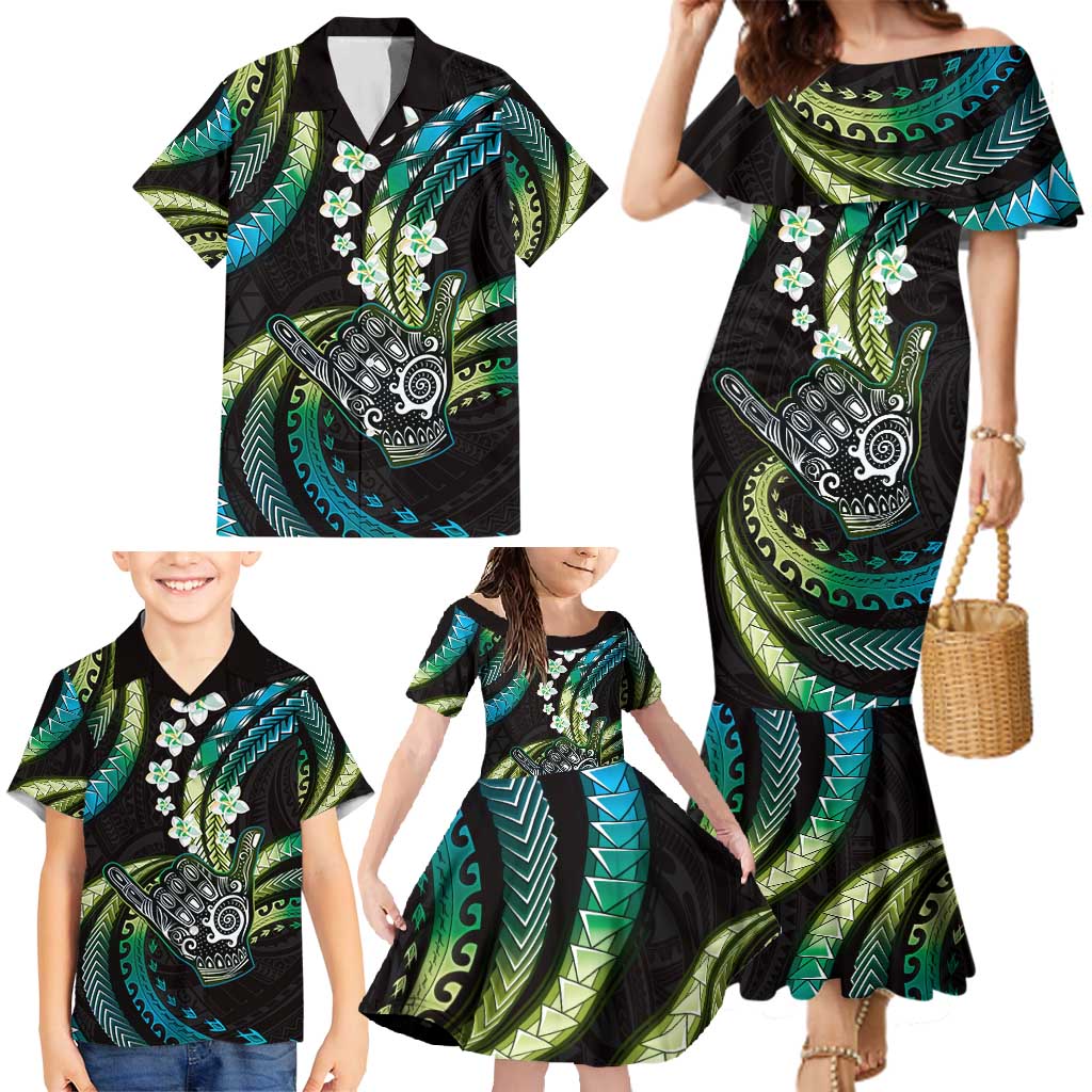 Hawaii Shaka Sign Family Matching Mermaid Dress and Hawaiian Shirt Fantastic Frangipani Chartreuse Cyan LT01 - Polynesian Pride