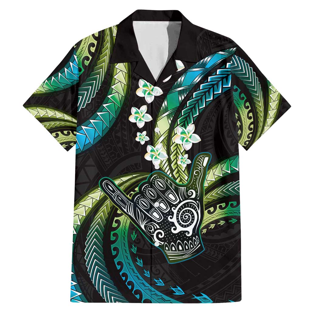 Hawaii Shaka Sign Family Matching Mermaid Dress and Hawaiian Shirt Fantastic Frangipani Chartreuse Cyan LT01 Dad's Shirt - Short Sleeve Cyan - Polynesian Pride