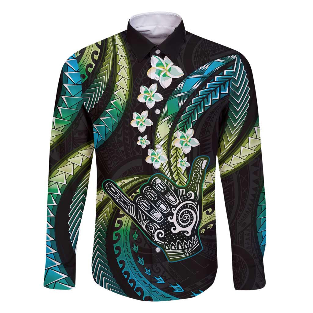 Hawaii Shaka Sign Family Matching Mermaid Dress and Hawaiian Shirt Fantastic Frangipani Chartreuse Cyan LT01 Dad's Shirt - Long Sleeve Cyan - Polynesian Pride