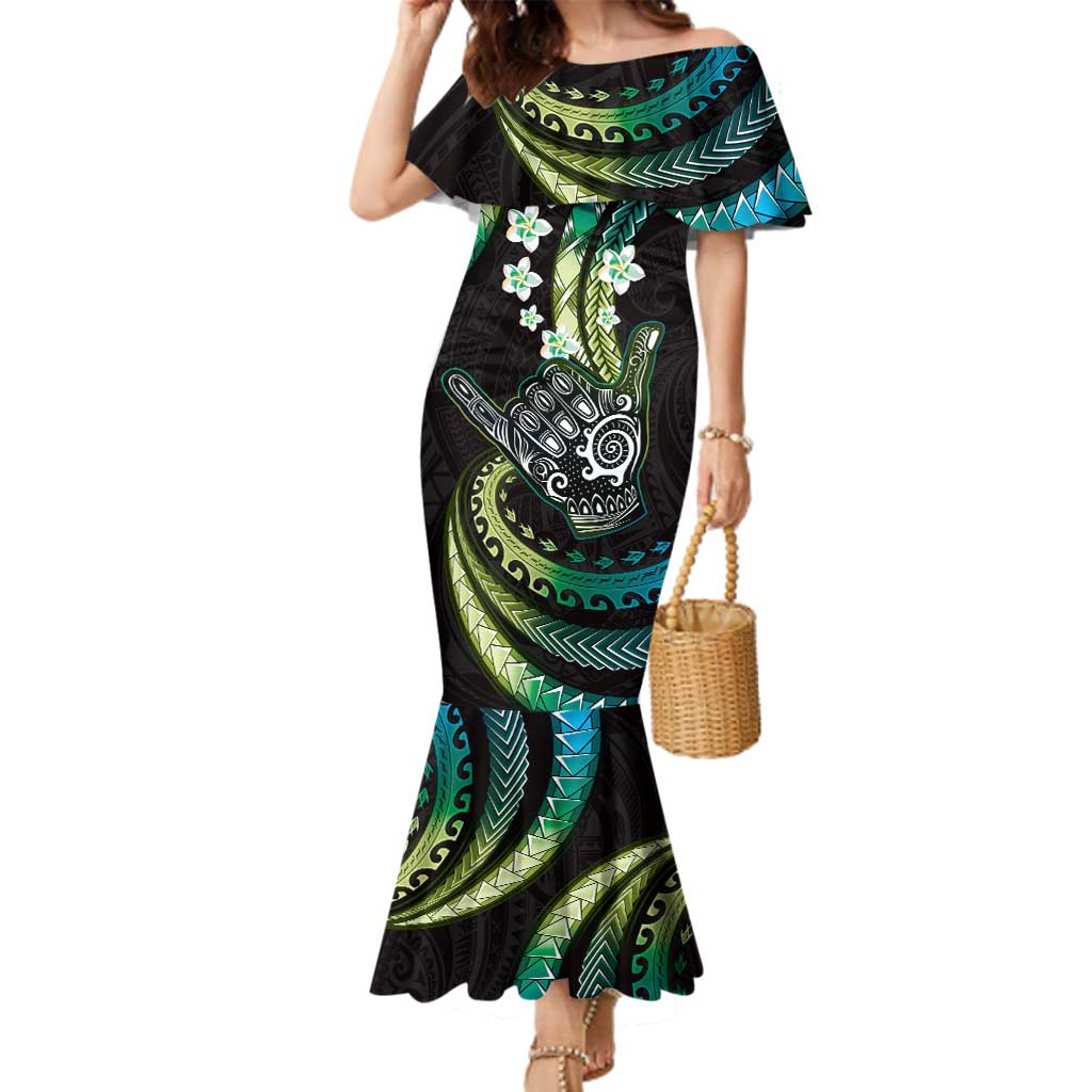 Hawaii Shaka Sign Family Matching Mermaid Dress and Hawaiian Shirt Fantastic Frangipani Chartreuse Cyan LT01 Mom's Dress Cyan - Polynesian Pride