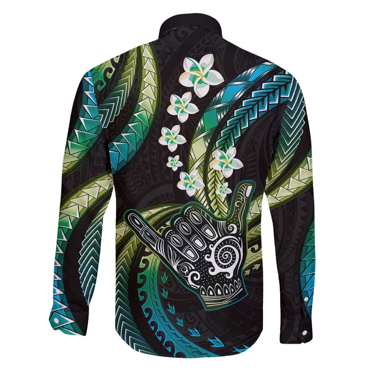Hawaii Shaka Sign Family Matching Off The Shoulder Long Sleeve Dress and Hawaiian Shirt Fantastic Frangipani Chartreuse Cyan