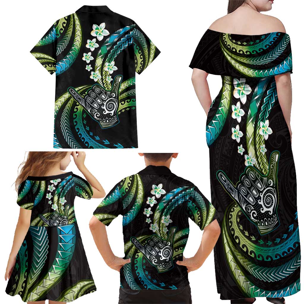 Hawaii Shaka Sign Family Matching Off Shoulder Maxi Dress and Hawaiian Shirt Fantastic Frangipani Chartreuse Cyan LT01 - Polynesian Pride