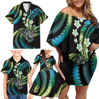 Hawaii Shaka Sign Family Matching Off Shoulder Short Dress and Hawaiian Shirt Fantastic Frangipani Chartreuse Cyan