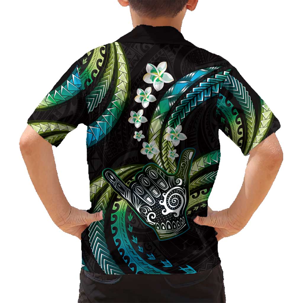 Hawaii Shaka Sign Family Matching Puletasi and Hawaiian Shirt Fantastic Frangipani Chartreuse Cyan LT01 - Polynesian Pride