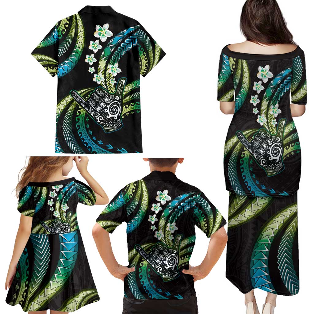 Hawaii Shaka Sign Family Matching Puletasi and Hawaiian Shirt Fantastic Frangipani Chartreuse Cyan LT01 - Polynesian Pride