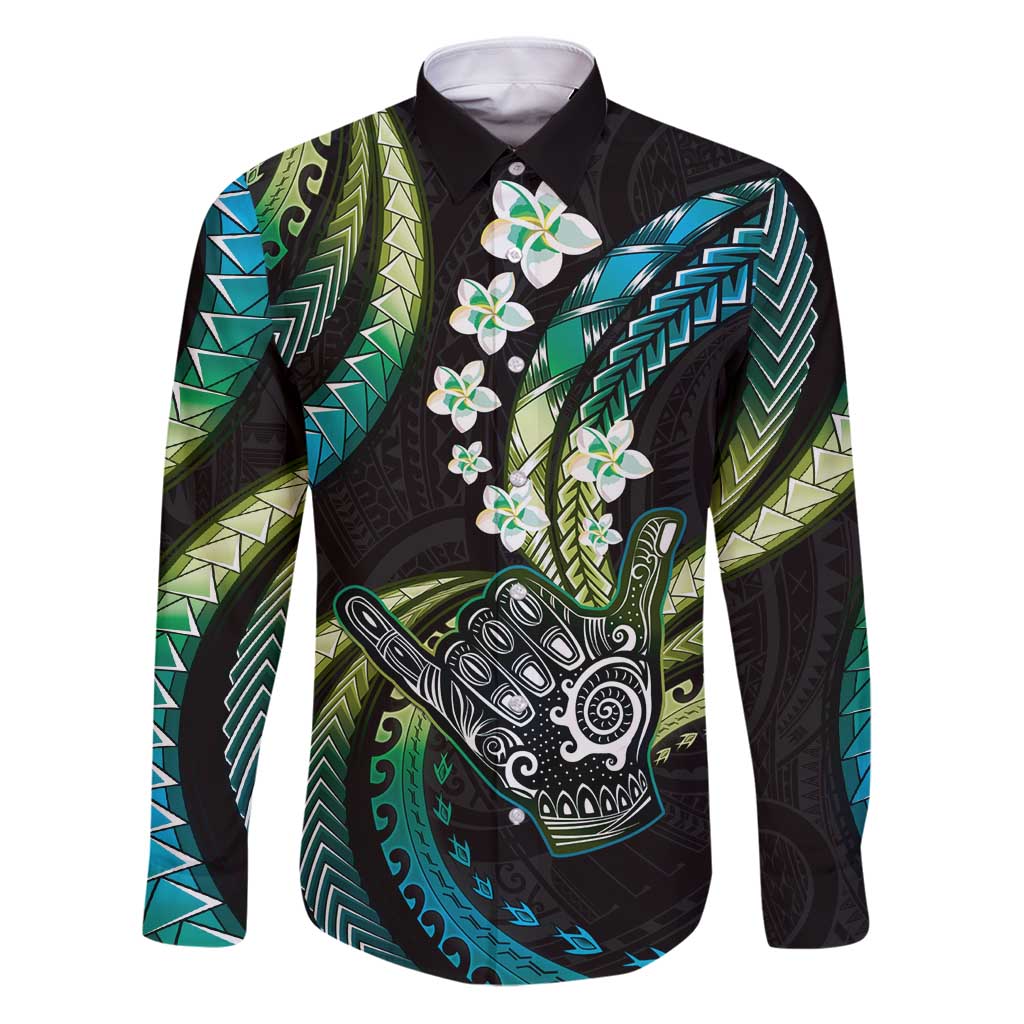 Hawaii Shaka Sign Family Matching Puletasi and Hawaiian Shirt Fantastic Frangipani Chartreuse Cyan LT01 Dad's Shirt - Long Sleeve Cyan - Polynesian Pride