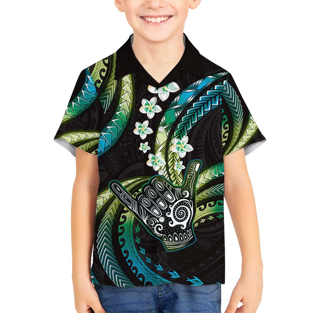 Hawaii Shaka Sign Family Matching Puletasi and Hawaiian Shirt Fantastic Frangipani Chartreuse Cyan LT01 Son's Shirt Cyan - Polynesian Pride