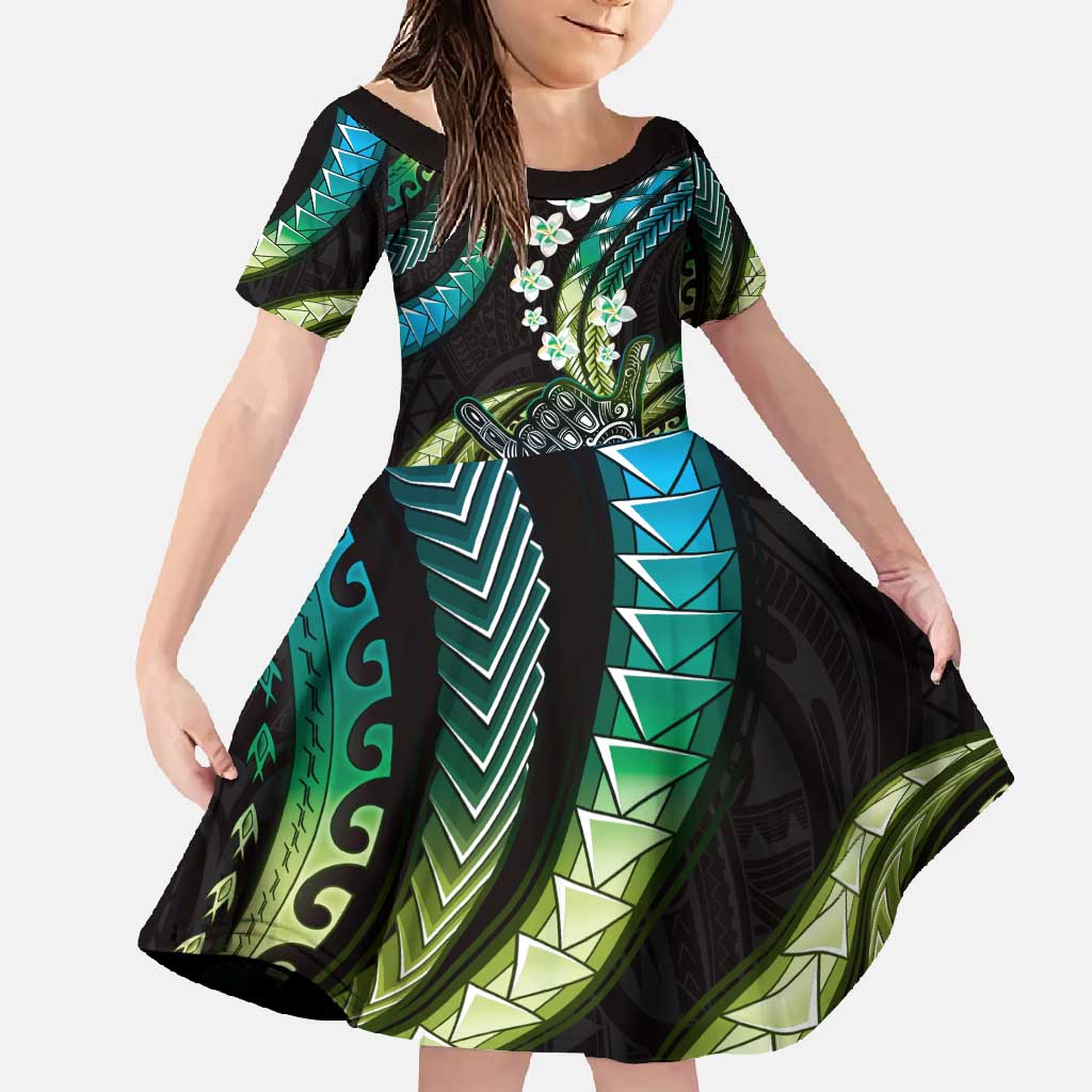 Hawaii Shaka Sign Family Matching Short Sleeve Bodycon Dress and Hawaiian Shirt Fantastic Frangipani Chartreuse Cyan