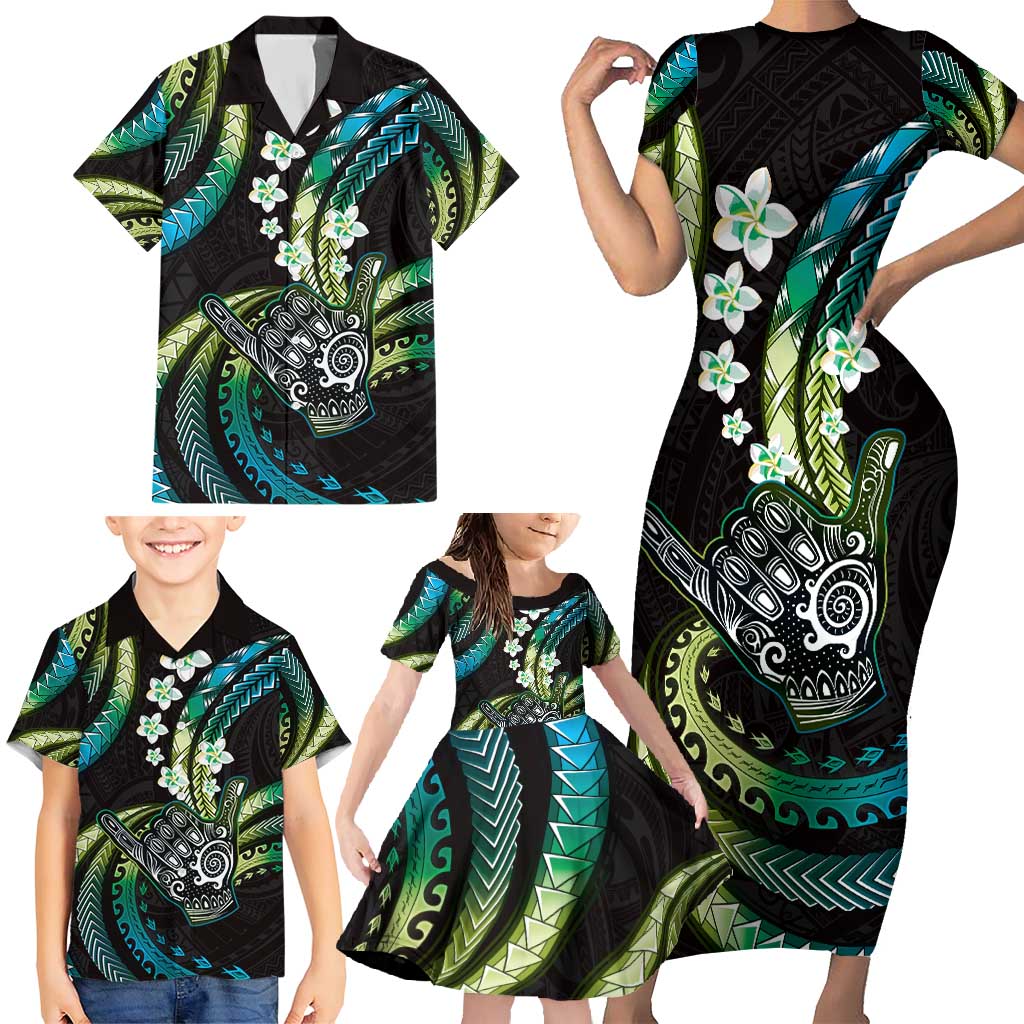 Hawaii Shaka Sign Family Matching Short Sleeve Bodycon Dress and Hawaiian Shirt Fantastic Frangipani Chartreuse Cyan
