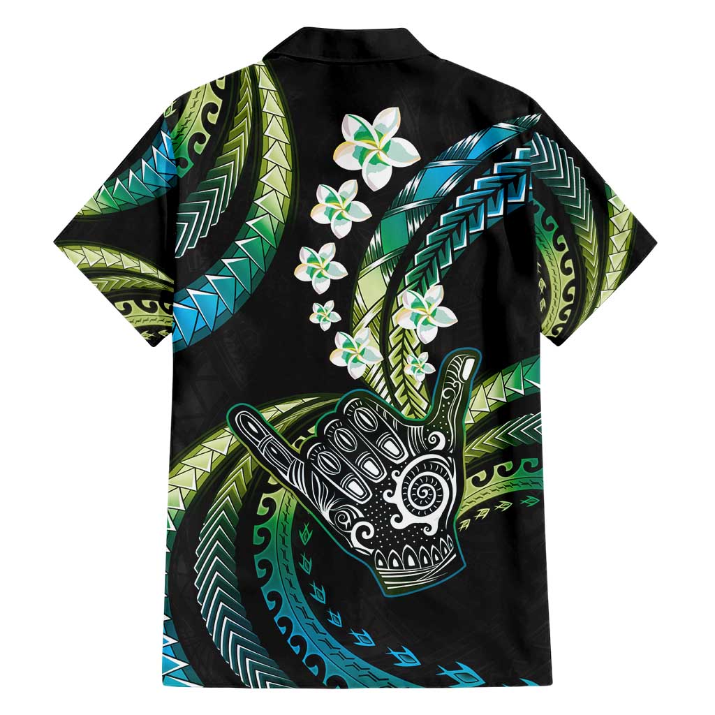 Hawaii Shaka Sign Family Matching Short Sleeve Bodycon Dress and Hawaiian Shirt Fantastic Frangipani Chartreuse Cyan