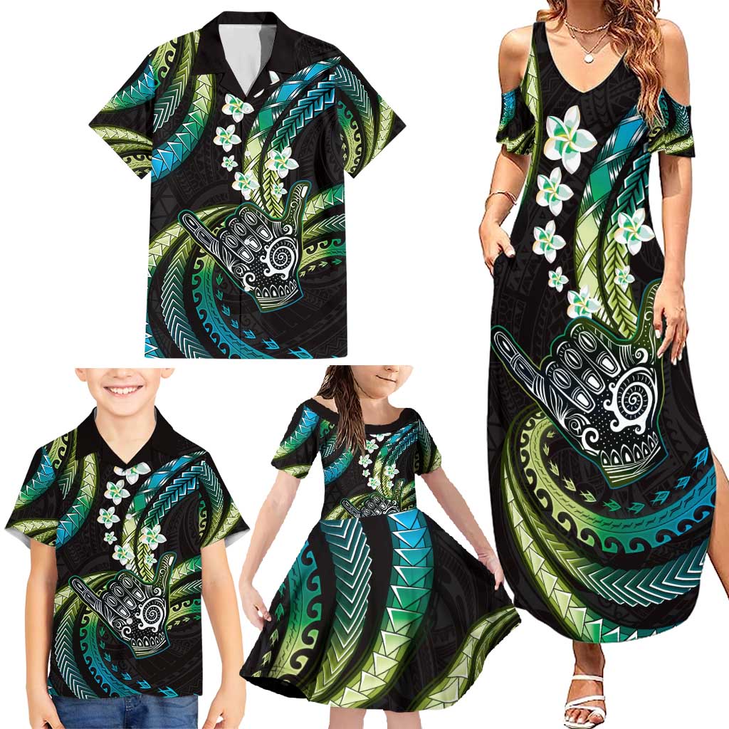 Hawaii Shaka Sign Family Matching Summer Maxi Dress and Hawaiian Shirt Fantastic Frangipani Chartreuse Cyan