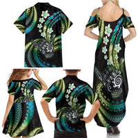 Hawaii Shaka Sign Family Matching Summer Maxi Dress and Hawaiian Shirt Fantastic Frangipani Chartreuse Cyan