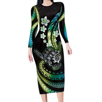Hawaii Shaka Sign Long Sleeve Bodycon Dress Fantastic Frangipani Chartreuse Cyan