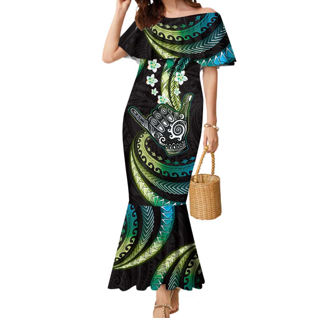 Hawaii Shaka Sign Mermaid Dress Fantastic Frangipani Chartreuse Cyan