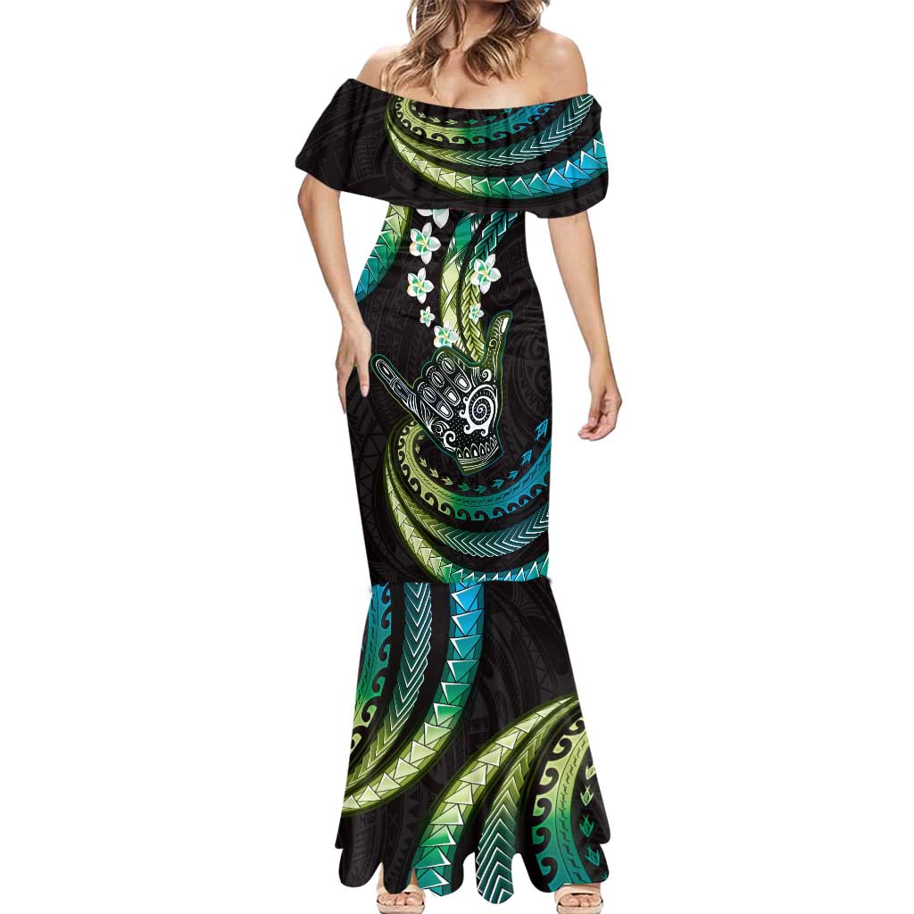 Hawaii Shaka Sign Mermaid Dress Fantastic Frangipani Chartreuse Cyan