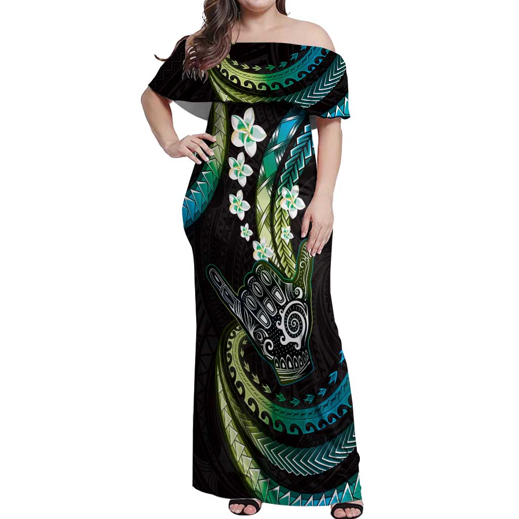 Hawaii Shaka Sign Off Shoulder Maxi Dress Fantastic Frangipani Chartreuse Cyan