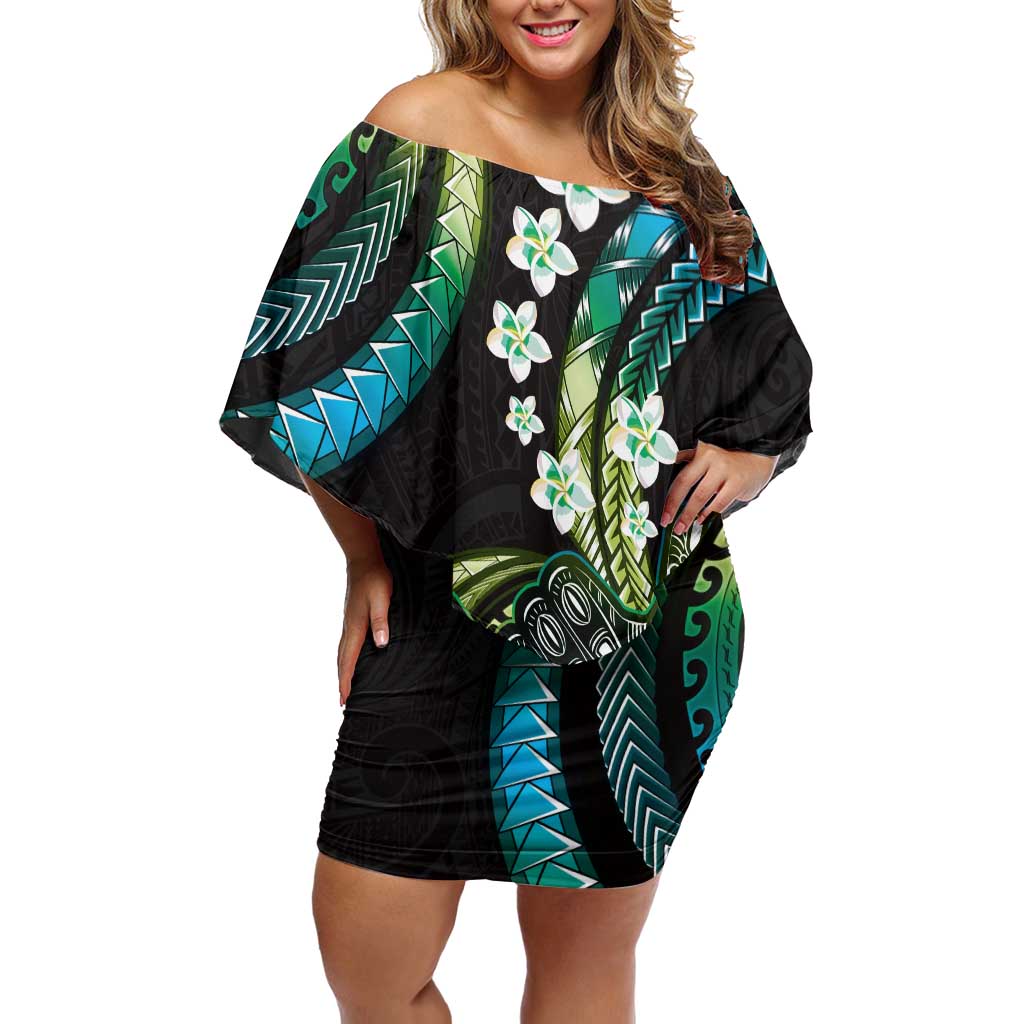 Hawaii Shaka Sign Off Shoulder Short Dress Fantastic Frangipani Chartreuse Cyan