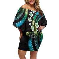 Hawaii Shaka Sign Off Shoulder Short Dress Fantastic Frangipani Chartreuse Cyan