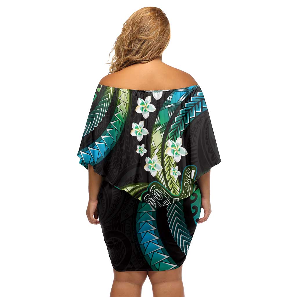 Hawaii Shaka Sign Off Shoulder Short Dress Fantastic Frangipani Chartreuse Cyan