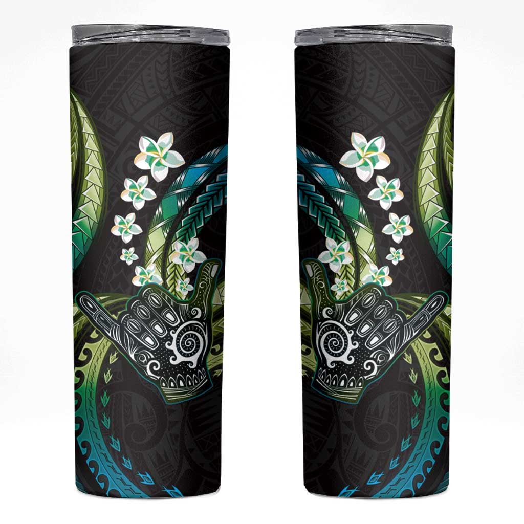 Hawaii Shaka Sign Skinny Tumbler Fantastic Frangipani Chartreuse Cyan LT01 Cyan - Polynesian Pride