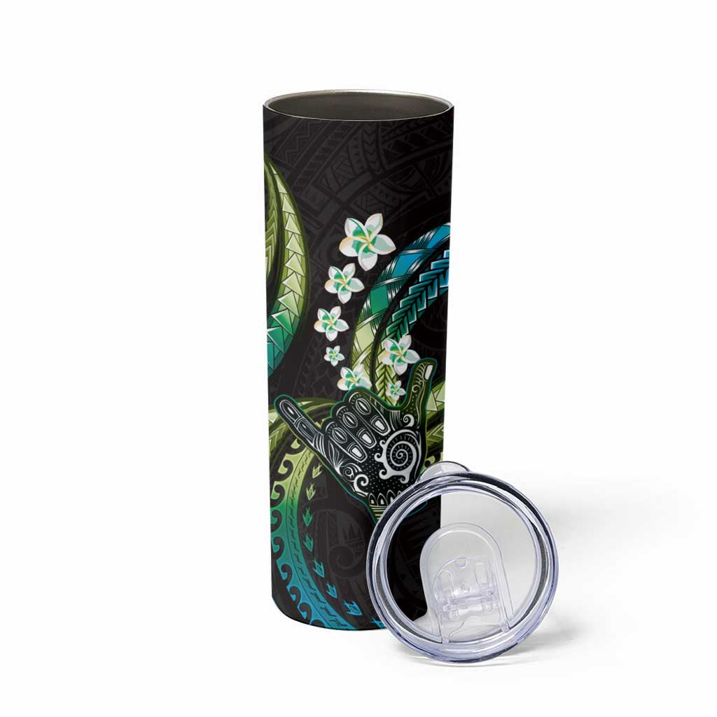 Hawaii Shaka Sign Skinny Tumbler Fantastic Frangipani Chartreuse Cyan LT01 - Polynesian Pride