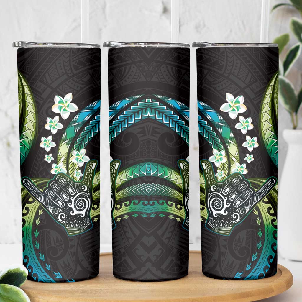 Hawaii Shaka Sign Skinny Tumbler Fantastic Frangipani Chartreuse Cyan LT01 - Polynesian Pride