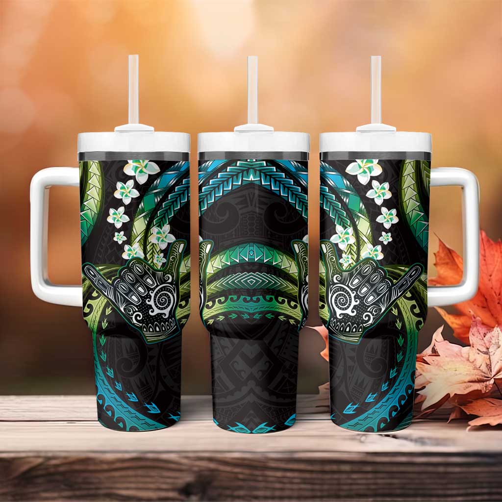 Hawaii Shaka Sign Tumbler With Handle Fantastic Frangipani Chartreuse Cyan