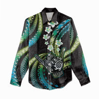 Hawaii Shaka Sign Women Casual Shirt Fantastic Frangipani Chartreuse Cyan LT01 - Polynesian Pride